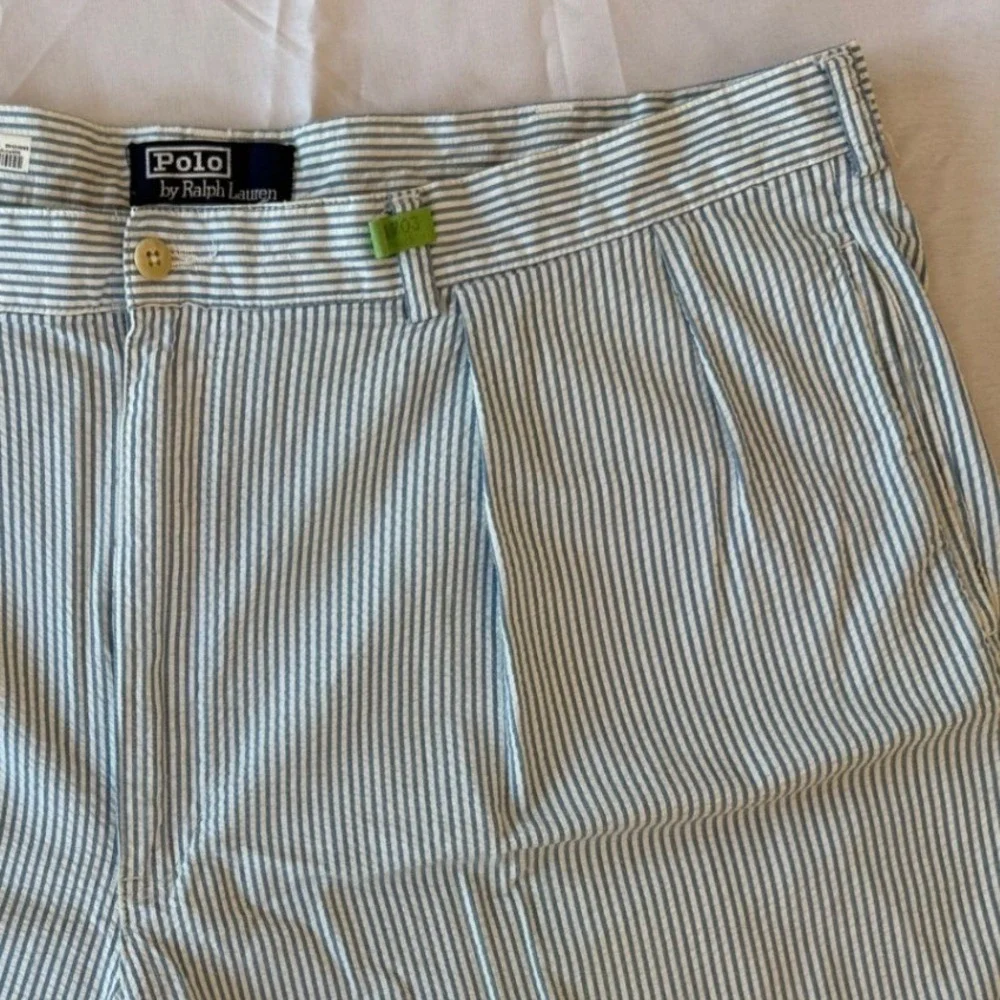 Polo Ralph Lauren Mens Seersucker Pleated Tyler Shorts 40 Blue Striped Preppy